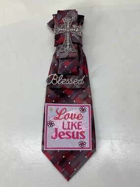 Red Plaid 'Love Like Jesus' Upcycled Tie with Cross and 'Blessed' Pin